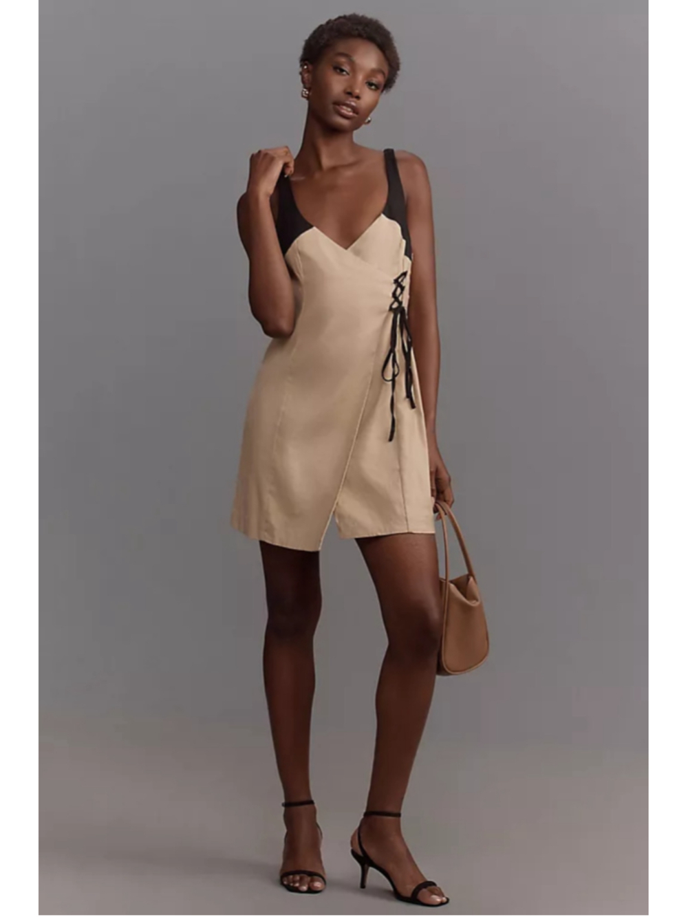 By Anthropologie Sleeveless Linen Wrap Mini Dress - Beige Black Colorblock - Sm